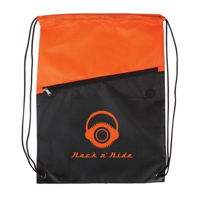 Two-Tone Poly Drawstring Backpack with Zipper