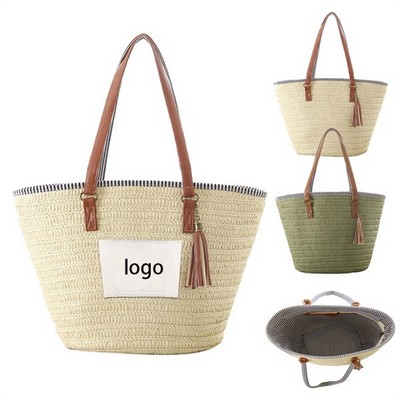 Straw Woven Tote Shoulder Bag W/ Inner Zipper Pocket