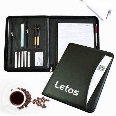 A4 Size Zippered PU Leather Binder Portfolios Padfolio Binder Multi Functional Business Folder