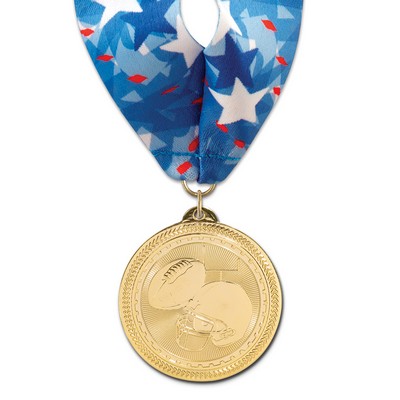 2" Football Brite Laser Medal w/ Stock Millennium Neck Ribbon