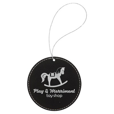 Black & Silver Laserable Leatherette Round Ornament w/Silver String