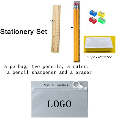 All In One Stationery Set w/PE Bag & Pencils & Ruler & Sharpener & Eraser MOQ100pcs