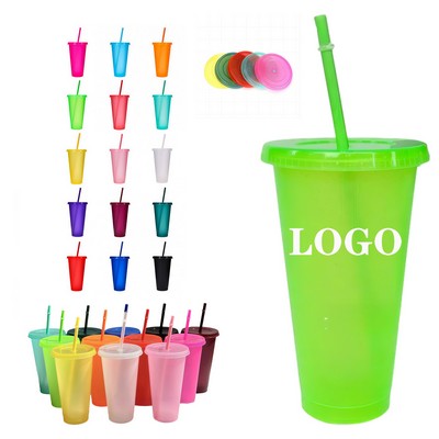 24 Oz Reusable Colorful Sequin Plastic Straw Cup w/ Splash Proof Lid