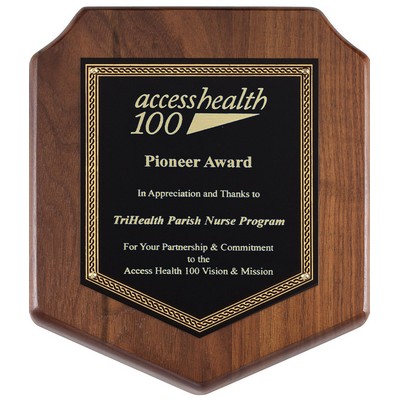 Genuine Walnut Shield with Black-Gold Brass Plate, 7"x8"