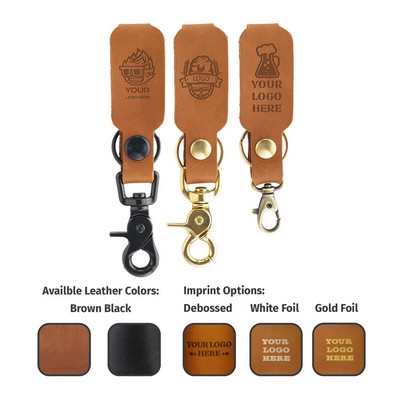 Full-Grain Leather Keychain w/Brass Scissor Clip- Belt Loop Key Fob- Made in USA