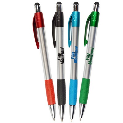 Silver Matte Barrel Pen w/Stylus, Colored Rubber Grips & Accents