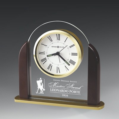 Rosewood and Glass Arch Table Alarm Clock with Brass Accents 6.25" tall v 6.75" wide