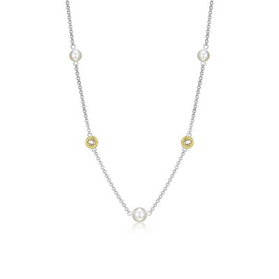 ELLE "Majestic" Sterling Silver with Pearl and Round Cubic Zirconia Necklace - Gold and Silver