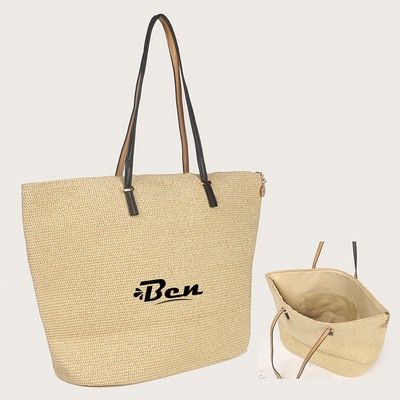 Natural Straw Bag Hand Woven Round Handle Handbags Retro