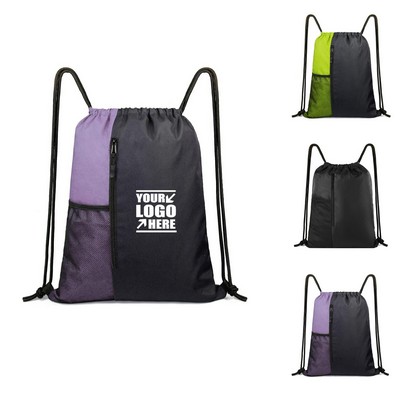 Sports Drawstring Backpack Gym Bag With Zipper And Mesh Pockets