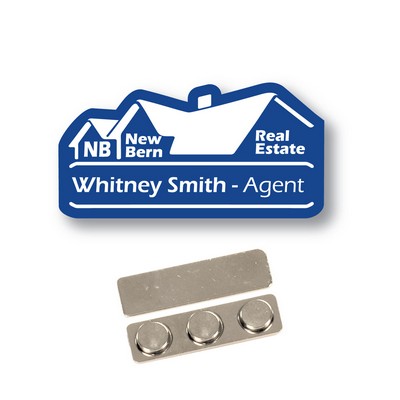 Name Badge -Custom Shape-Royal Blue Plastic laser etches to white. No minimum