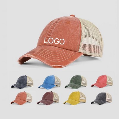 Washed Distressed Cotton Denim Ponytail Hat