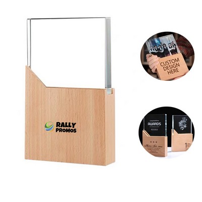Engraved Crystal Trophy Award With Wooden Base