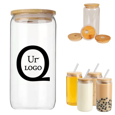 16 Oz Bamboo Lid Drinking Glass W/ Straw