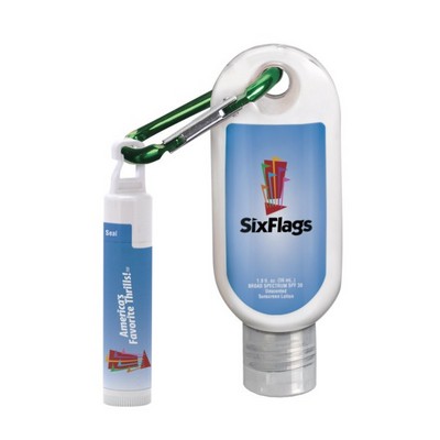 1.9 oz SPF 30 Sunscreen with Carabiner and SPF 15 Lip Balm in White Tube with Hook Cap