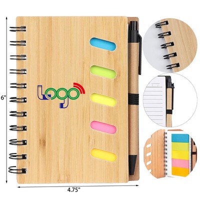 4.75" x 6" Bamboo Cover Journal Notebook with Pen Sticky Notes