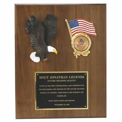 Eagle Flag Plaque Walnut Finish Takes 2" Medallion (12"x 15")