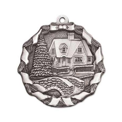 Mini Stock Design Happy Holidays Farmhouse Snow Scene Pewter Ornament