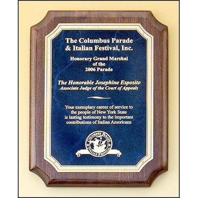 Airflyte® Walnut Piano-Finish Plaque w/Sapphire Blue Marble Plate & Notched Corner (7"x 9")