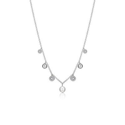 ELLE "Majestic" Sterling Silver with White Pearl and Cubic Zirconia Charm Necklace - Silver