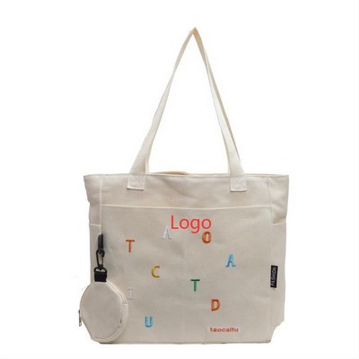 Letter-Embroidered Canvas Tote Bag