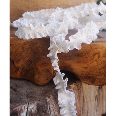 White Gingham Ruffled Ribbon w/Stitch Trim