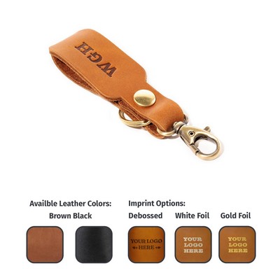 Full-Grain Leather Logo Keychain w/Small Clasp- Made in USA