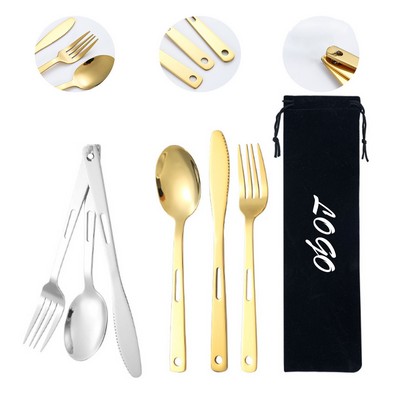 Stainless Steel Outdoor Knife Fork Spoon Set – Portable Travel & Camping Utensils with Snap Closure