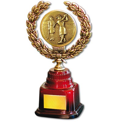 Stock 7" Trophy with 2" Golf Female Coin and Engraving Plate
