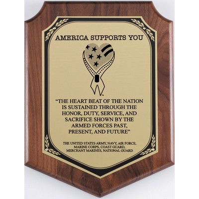 Walnut Satin Finish Shield with Brass Plate, 9"x12"