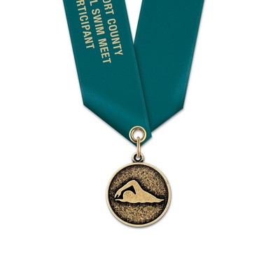 1 1/8" Stylized Swimmer Cast CX Medal w/ Satin Neck Ribbon