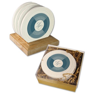 CoasterStone Wood Stand Gift Set w/ 4 Embossed absorbent coasters