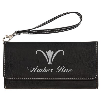 7.5" x 4" Black/Silver Leatherette Wallet with Strap