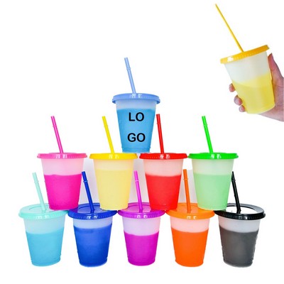 16 Oz Color Changing Reusable Plastic Cup With Lid & Straw