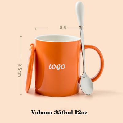 Large Ceramic Mug with Lid and Stainless Steel Spoon