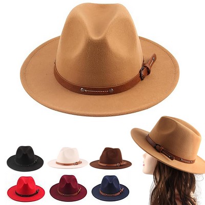 Wide Brim Fedora Hat with Belt Buckle