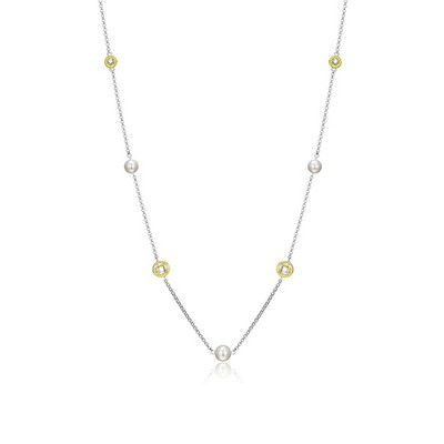 ELLE "Majestic" Sterling Silver with Pearl and Cubic Zirconia Station Necklace - Gold and Silver