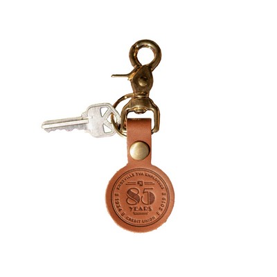Round Full-Grain Leather Keychain w/Brass Scissor Clip and key ring- Made in USA