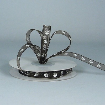Thin Black Sheer Ribbon w/White Paw Print