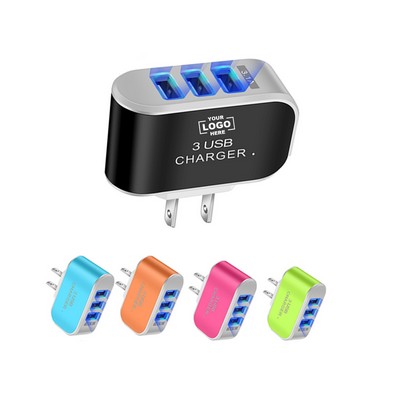 Colorful USB Wall Charger with 3 Ports and US Plug Adapter