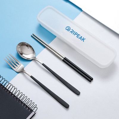 3-Piece 304 Stainless Steel Flatware Spoon Chopsticks Fork Tableware Set W/PE Box(Black Silver)
