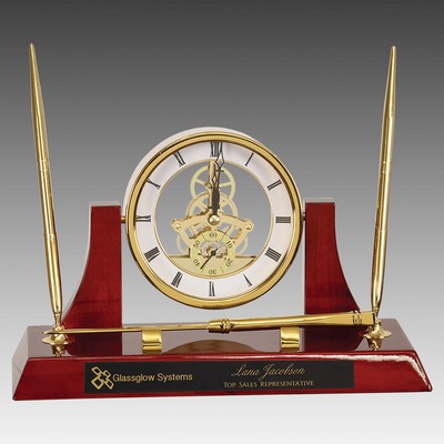 Gold/Rosewood Piano Finish Clock w/2 Pens/Letter Opener
