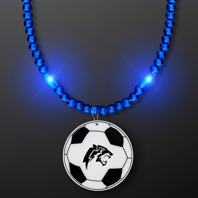 Blue LED Bead Necklace with Soccer Ball Medallion - Domestic Imprint