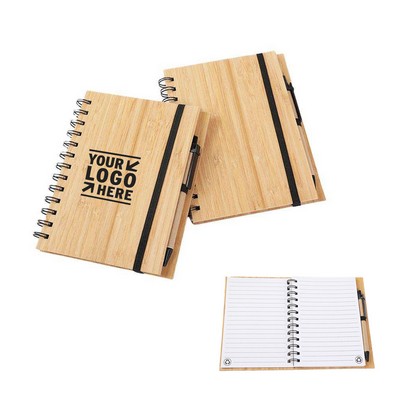 Bamboo Cover Spiral Notebook w/Pen