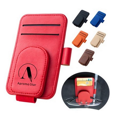 PU Leather Magnetic Auto Visor Eyeglasses Clip w/Pen Slot