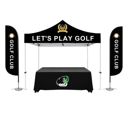 10x10 Steel Frame Tent Kit w/ Dye-Sub Canopy, 11' Feather Flag & 6' Table Throw