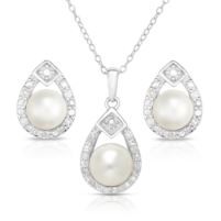 Jilco Inc. Sterling Silver Pearl & Diamond Earring & Necklace Set