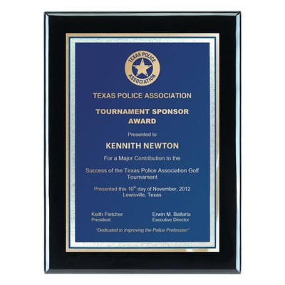 Plaque - 7"x9" Jet Black Piano Wood Plaque with Blue Florentine Plate (5"x7")