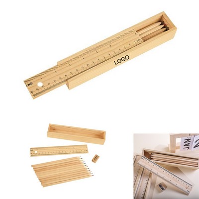 Eco-Friendly 12 Pieces Colored Wooden Pencil Box w/Removable Scale Ruler Cover