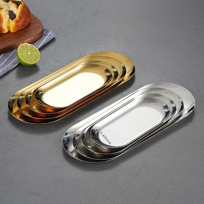 Large Silvery 430 Stainless Steel Oval Plate, Used As A Sausage Plate, A Snack And French Fries